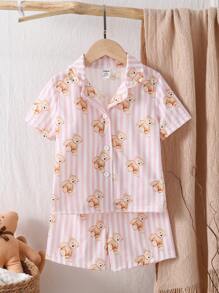 2 件套女婴可爱条纹泰迪熊印花短袖开衫衬衫和短裤舒适休闲装 - 粉色 - 查看 3