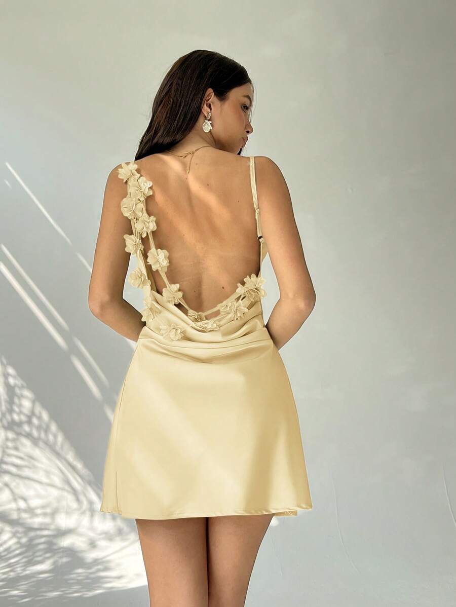 Aloruh Váy ngắn hở lưng họa tiết hoa 3D cho nữ, cổ khoét sâu thanh lịch - Màu vàng - Xem 1