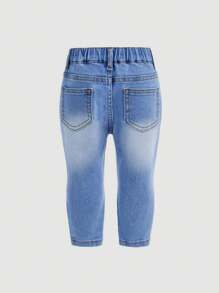 SHEIN Baby Girls Light Wash Denim Jeans With Zipper Detail And Distressed Look - Light Wash - View 2