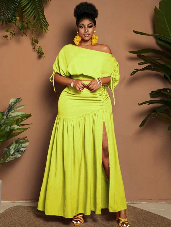 Maweii Plus Size Solid Color Asymmetric Collar Short Sleeve Top And High Slit Skirt 2 Pieces Set