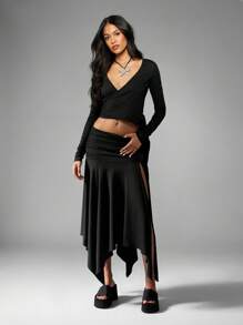 MISSGUIDED Sports Active Wrap Ballet Style Cropped Dance Top Long Sleeve V-Neck Performance Workout Athletic Fitness Exercise Training Top With Side Tie - Black - View 3