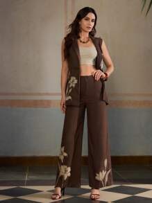 ZEYLAH Áo khoác blazer rộng rãi thêu vải lanh hai hàng khuy, thời trang cho mùa hè - Cà phê nâu - Xem 3