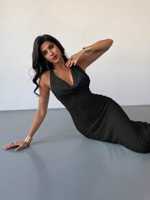 Firerie 女式简约优雅精致浪漫婚礼派对节日休闲垂坠领露背纹理长裙，杏色，春夏 - 黑色 - 查看 6