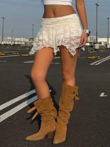 Teen Girls Lace Hem Ruched Asymmetrical Hem Skirt, Built-In Faux Sheer Shorts Lining
