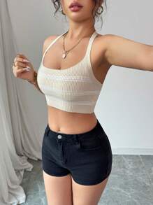 SHEIN PETITE Camiseta de punto sin mangas con espalda descubierta y patrón de rayas en contraste, talla pequeña