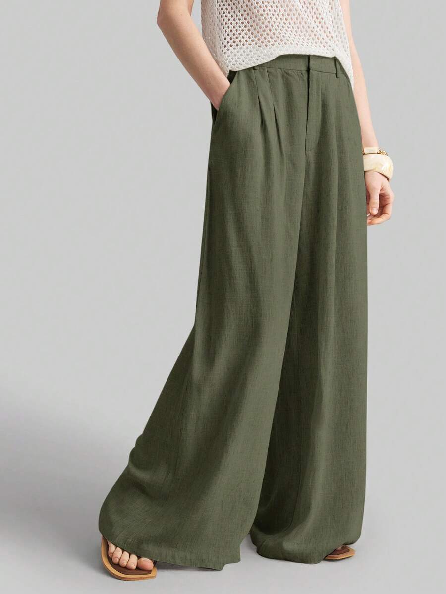 Ontre 2025秋季女士休闲宽松褶裥阔腿裤，适合波西米亚风、度假、节日、商务休闲、海滩、生日派对、教师节、圣诞节等场合穿着 - 軍綠色 - 查看 1