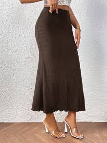 SHEIN PETITE CURVE 大码女式纯色鱼尾下摆长裙，优雅 - 巧克力棕 - 查看 6