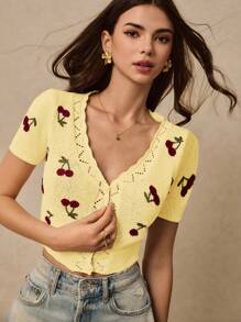 Poéselle Damen Lässig Kirschblüten Muster Cardigan mit Muschelabteilung, kurzärmlig, Sommer