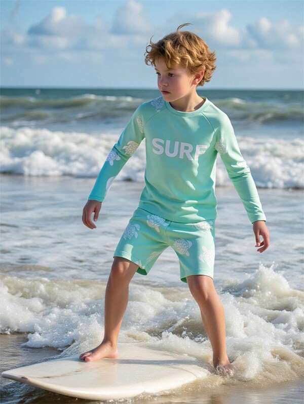 SHEIN 2pcs Youth Boys Swimsuit - Turtle Print Tankini Top With Swim Trunks, Stylish Beachwear Sets For Vacation Boys Rash Guard Set Boys Long Sleeve Swim Set Boys Beachwear Kids Surf Rash Guard Boys Swim Shirt And Shorts Summer Holiday