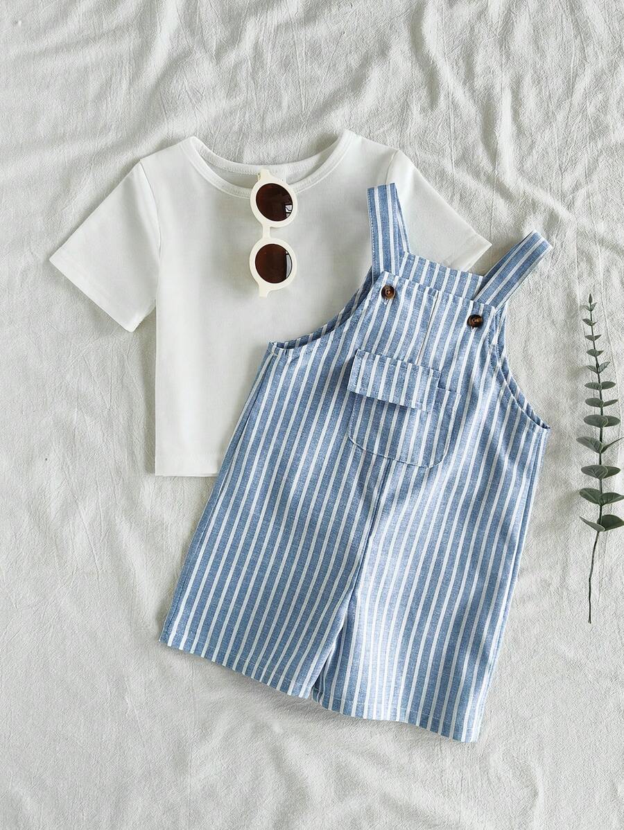 Vintaside Kids Conjunto casual de niño bebé con camiseta de manga corta de cuello redondo y unicolor, y pantalón corto a rayas - Azul - Ver 1