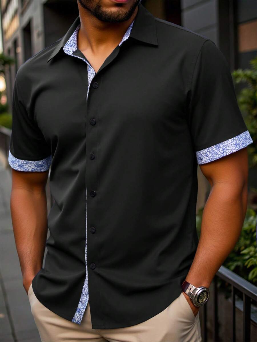 Manfinity Homme Plus Size Men's Contrast Trim Short Sleeve Black Casual Shirt - Black - View 1