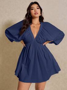 Elaquor Plus Size Solid Color Deep V-Neck Pockets Casual Long Sleeve Dress,Sundress Spring To Summer Vacation Dresses Fall - Navy Blue - View 6