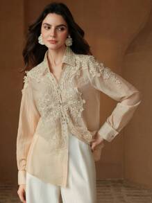 Anewsta Camicetta in pizzo testurizzato con maniche lunghe e design morbido, adatta per l'estate, look versatile