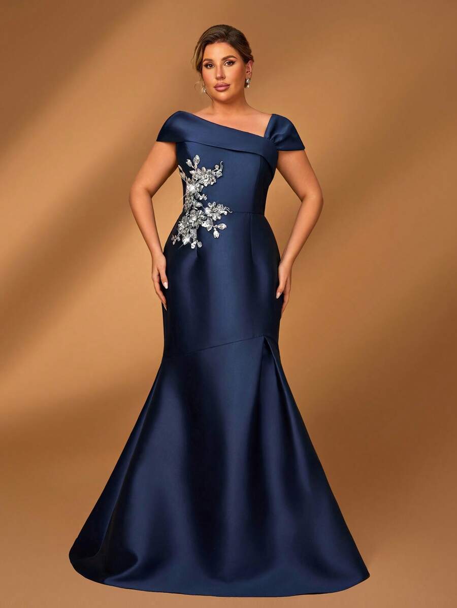 Serin Váy đuôi cá xếp nếp satin màu xanh navy hở vai sang trọng thanh lịch cỡ lớn, phù hợp cho đám cưới, tiệc đơn, kỳ nghỉ, vũ hội, váy dạ hội, mẹ cô dâu - Màu xanh hải quân - Xem 1