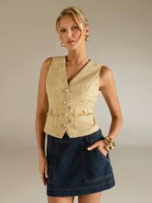 SHEIN Forever 21 女式夏季新款休闲V领无袖修身上衣 - 卡其色 - 查看 1