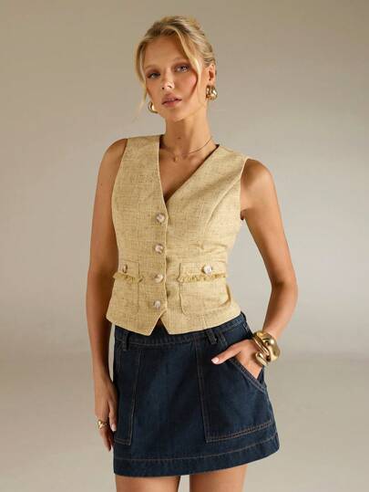 SHEIN Forever 21 Blusa sin mangas de escote en V ajustada de verano nueva y casual para mujer