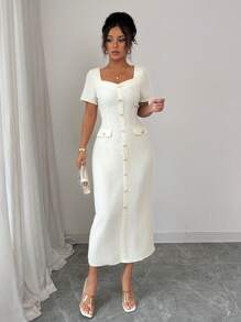 Elenzga 优雅方领华夫格纹理中长连衣裙，春夏 - 杏色 - 查看 6