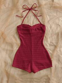 Soleia Mono ajustado con escote de halter anudado y estampado de jacquard rojo para vacaciones