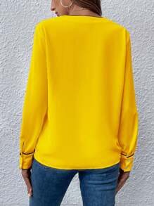 SHEIN LUNE 女士优雅撞色镶边 V 领长袖衬衫，适合日常和派对穿着