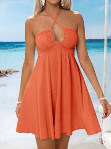 SHEIN VCAY Solid Color Knitted Ruffled Neck Mini Dress For Women Women Short Dresses Summer Women Summer Clothing Woman S Summer Clothes Women Plus Sun Dress Women Dresses Elegant Gown,Bohemian Clothes Vacation Dress - Orange - View 3