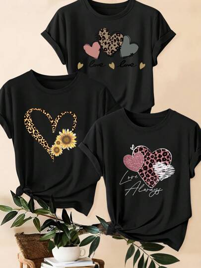 SHEIN LUNE Set da 3 pezzi Magliette casual estive con stampe leopardate, a cuore e slogan, taglie comode
