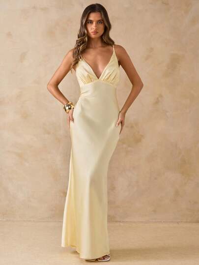 SHEIN BAE Women's Sleeveless V-Neck Backless Maxi Satin Dress, Yellow, Suitable For Vacation, Music Festivals, Birthday, Brunch, Bridesmaid, Wedding Guest, Elegant Dress Party Dresses For Women