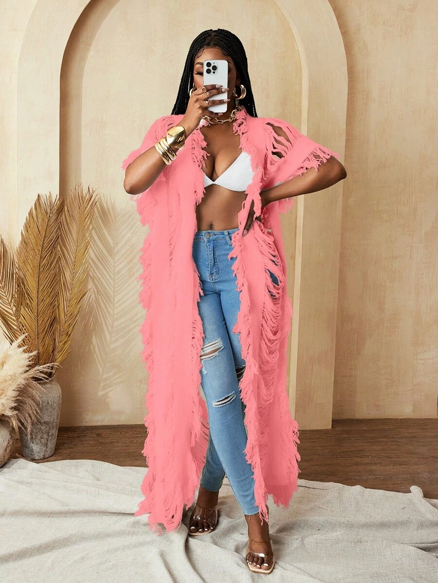 BamGleam Áo len cardigan dài tay khoét lỗ đơn giản cho nữ đi nghỉ mát thường ngày - Hồng - Xem 1