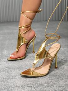 CUCCOO SZL New Fashion Women Pointed Toe Lace-Up Hollow Out High Yellow Heel Sandals For Christmas Spring Shoes Prom Heels Summer Shoes - Gold - View 4