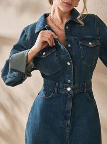 CLARA VERO Mini Jacron Detailed Rigid Denim Dress - Dark Wash - View 3