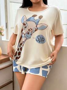 SHEIN Slumberry CURVE Plus Size Giraffe Print Casual Short Sleeve Top And Shorts Set - Blue - View 4