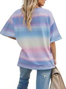 INAWLY Women's Plus Size Macaron Striped Digital Print Short Sleeve T-Shirt, Summer