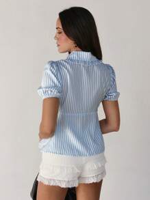 Roylia 女式条纹彼得潘领休闲时尚衬衫 - 藍白色 - 查看 2
