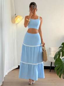 Rafferiza Conjunto de 2 piezas: Camisola minimalista de unicolor con empalme de encaje & Falda maxi para vacaciones - Azul - Ver 6