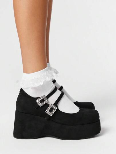 Kawaii Black Gothic High Heel Closed Toe Platform Pumps, Mary Jane Style With Strap, Japanese Style Lolita Loafers, Women Platform Thick Sole Flats, Halloween