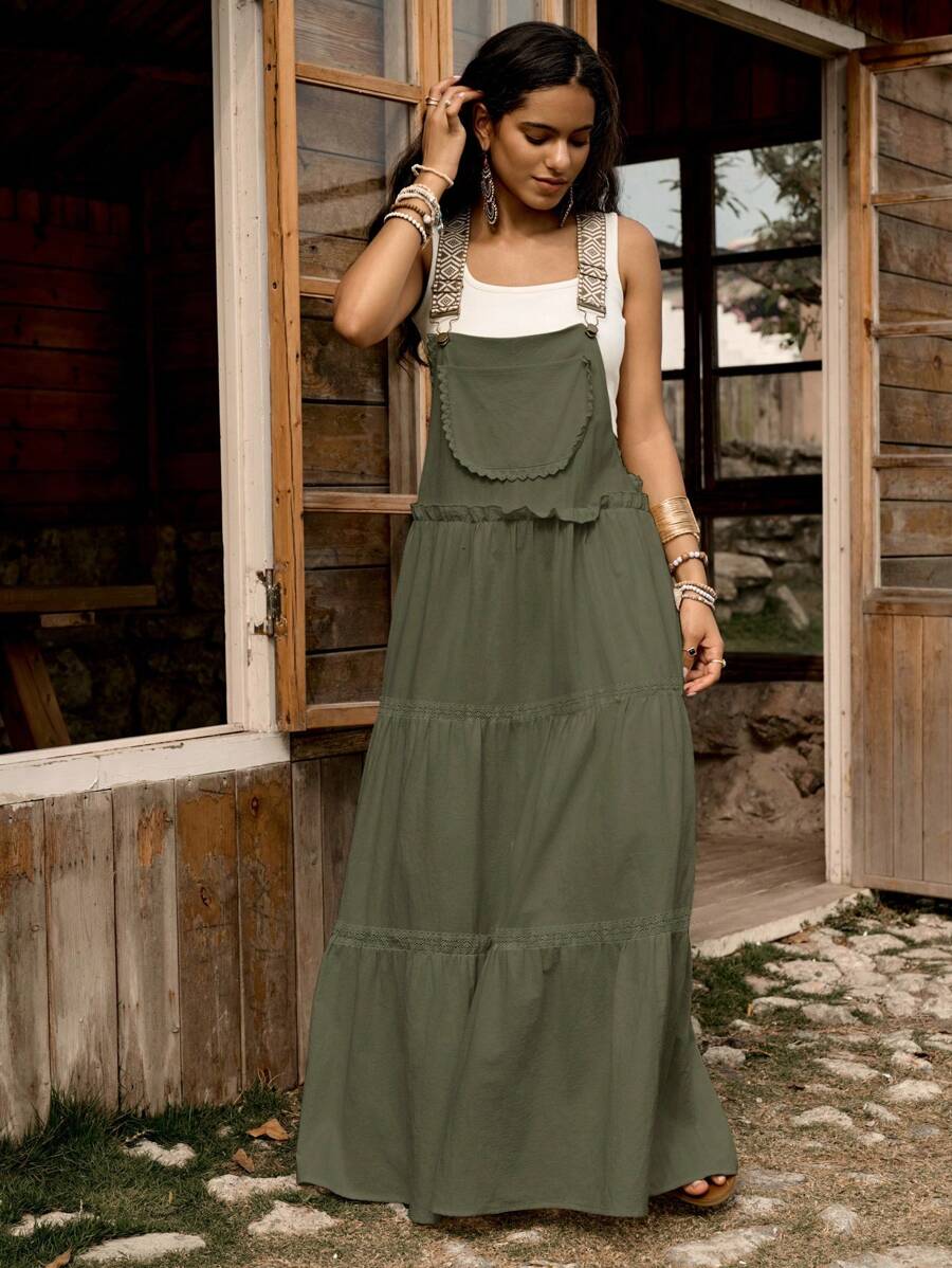 LanaWest Váy suông ren hoa chắp vá bằng cotton có thể điều chỉnh cho nữ - xanh quân đội - Xem 1