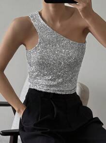 Strévra 女士不对称领亮片上衣，适合派对、聚会、外出、新年闪亮嘉年华等场合 - 銀色 - 查看 6