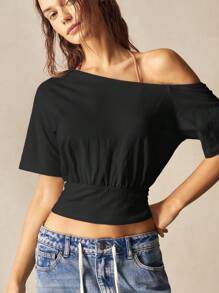 Bohemela Áo thun nữ cổ tròn dệt kim màu đen trơn ngắn, dáng bất đối xứng, thích hợp để đi chơi - màu đen - Xem 4