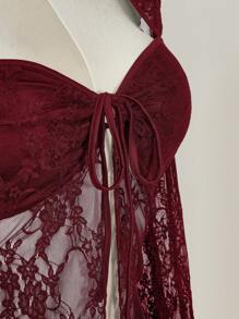 SHEIN ICON 加大码方领蕾丝喇叭袖前系带性感衬衫 - 酒紅色 - 查看 7