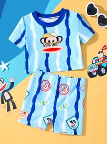 Paul Frank X SHEIN Áo thun tay ngắn họa tiết khỉ cho bé trai và quần bơi cạp chun - Màu xanh lam - Xem 1