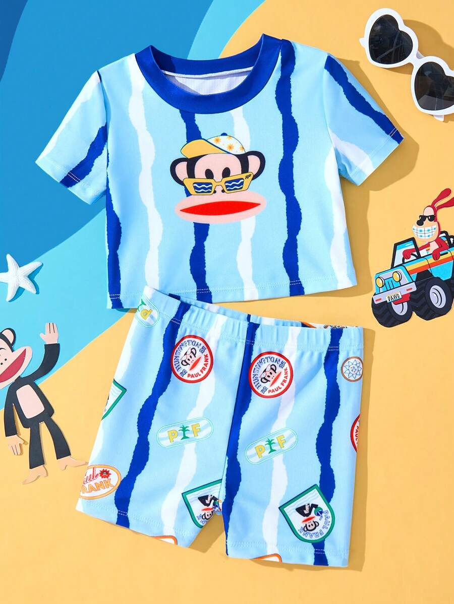 Paul Frank X SHEIN Áo thun tay ngắn họa tiết khỉ cho bé trai và quần bơi cạp chun - Màu xanh lam - Xem 1