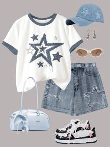 SHEIN Conjunto informal de 2 piezas de camiseta de manga corta y shorts minimalista para niñas preadolescentes, ideal para verano