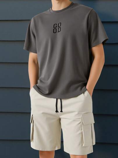 青少年男孩简约纯色小字母撞色短袖 T 恤和工装短裤套装，休闲，学院风，舒适，百搭，柔软面料适合日常穿着、上学、郊游、户外运动，适合春夏季