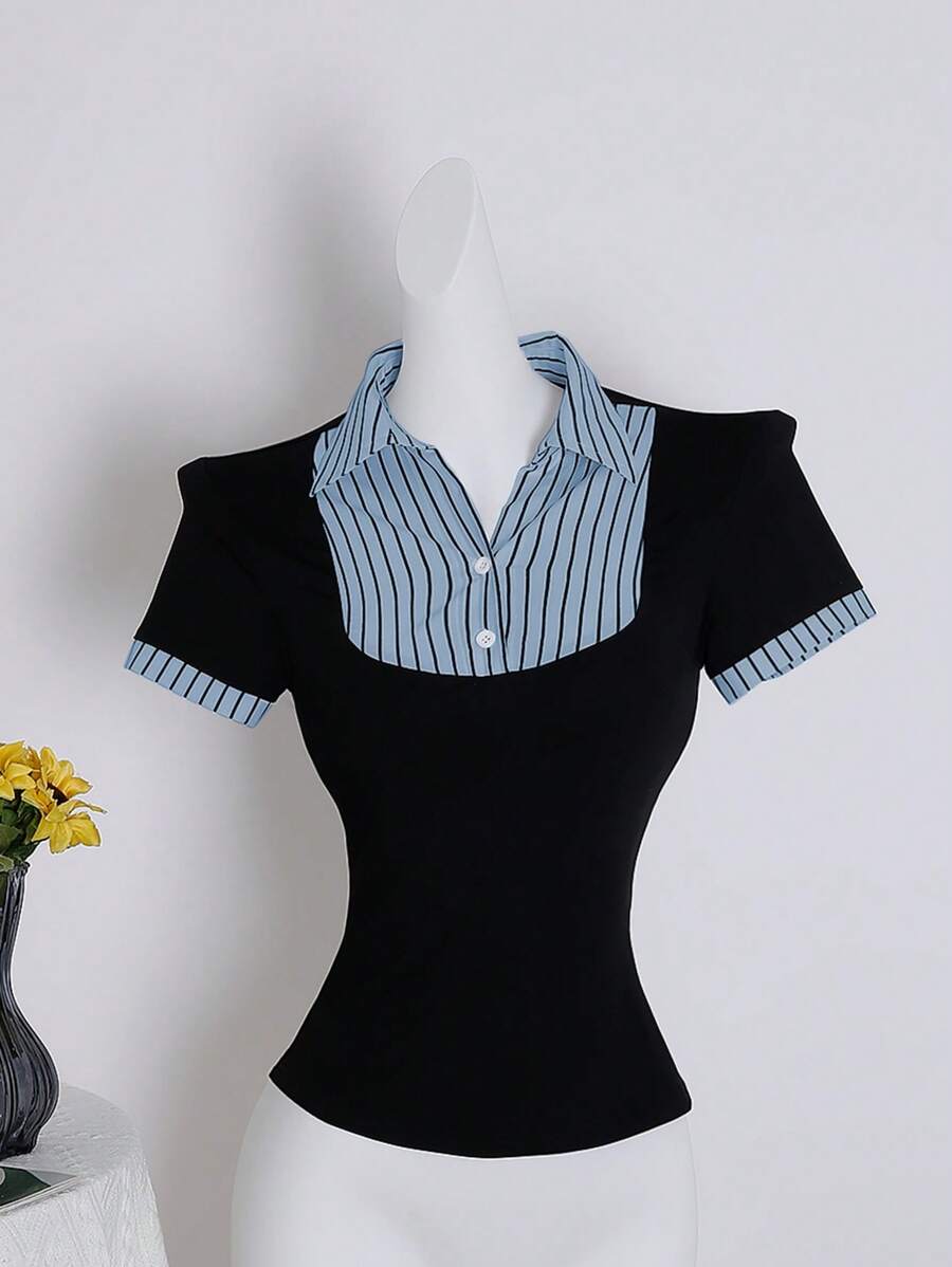 SHEIN Unity Blusa de mujer con diseño de camiseta de 2 en 1 de manga corta y efecto de empalme en color negro - Negro - Ver 1