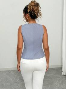 Elenzga 女士加大码优雅条纹吊带背心，夏季 - 藍色 - 查看 2