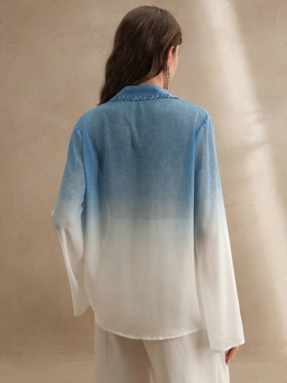 Ladies' Spring And Summer Chiffon Fabric Perspective Imitation Denim Gradient Long Sleeved Blue Shirt
