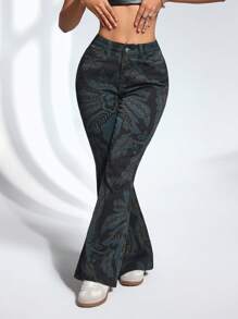 SHEIN ICON Damen Skinny Jeans mit Pflanzen Muster und Taschen, modisch - Dunkelgrau - Übersicht 6