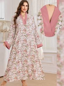 Al Najma Plus Size Women Elegant Arabic Style Patchwork Color Block Long Sleeve Dress - Multicolor - View 1