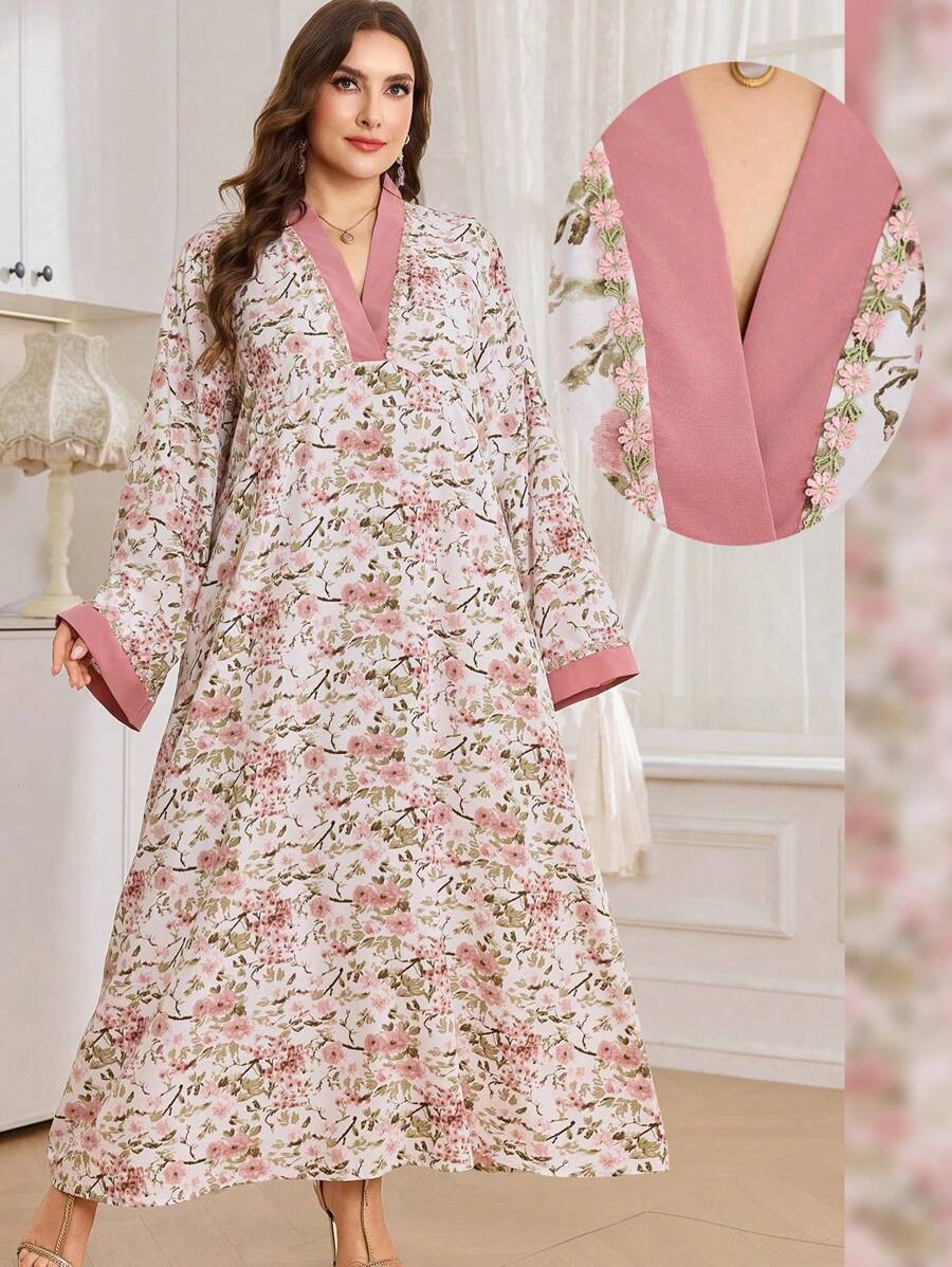 Al Najma Plus Size Women Elegant Arabic Style Patchwork Color Block Long Sleeve Dress - Multicolor - View 1