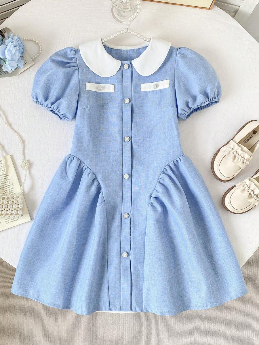 SHEIN Gaun Fashion Musim Panas Warna Biru Tua dengan Tali Serut di Pinggang, Kerah Peter Pan, dan Lengan Mengembang untuk Anak Perempuan Remaja - Biru - View 1