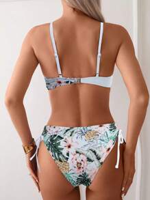 Swim Lushoire Conjunto de traje de baño, diseño de estampado aleatorio, con aros, bikini de flores con push-up y cintura alta, conjunto de bikini de dos piezas